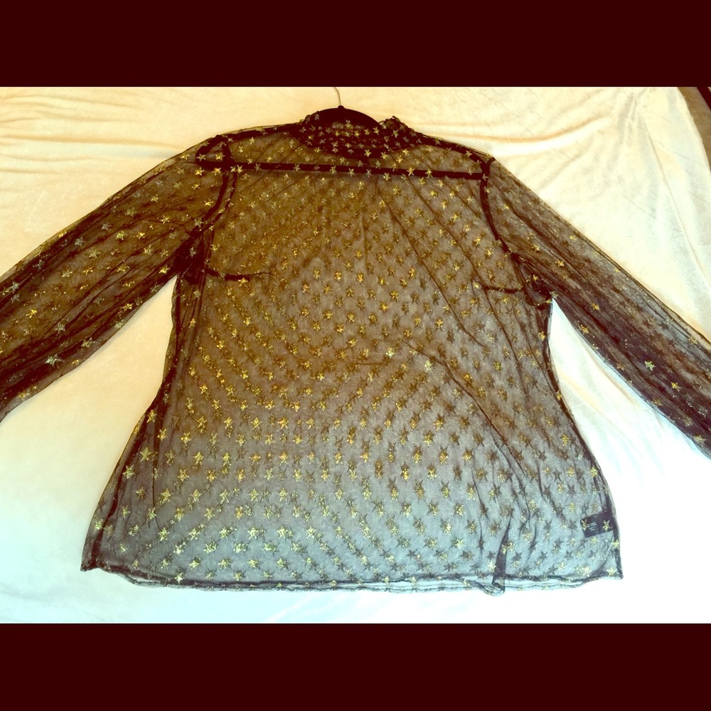 Lane Bryant Sheer Black Turtleneck Gold Star Print